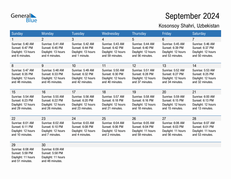 Kosonsoy Shahri September 2024 sunrise and sunset calendar in PDF, Excel, and Word