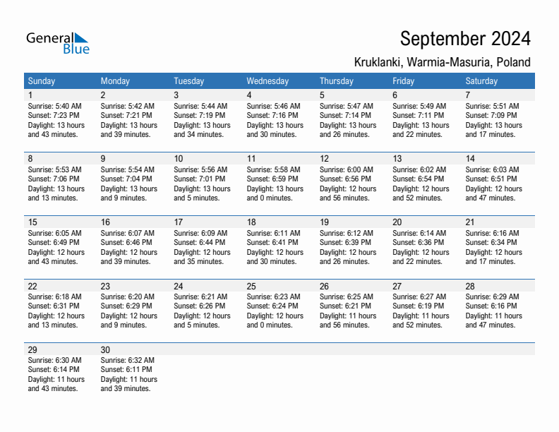 Kruklanki September 2024 sunrise and sunset calendar in PDF, Excel, and Word