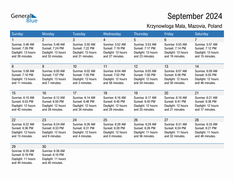 Krzynowloga Mala September 2024 sunrise and sunset calendar in PDF, Excel, and Word