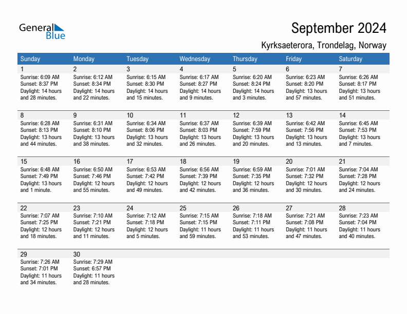 Kyrksaeterora September 2024 sunrise and sunset calendar in PDF, Excel, and Word