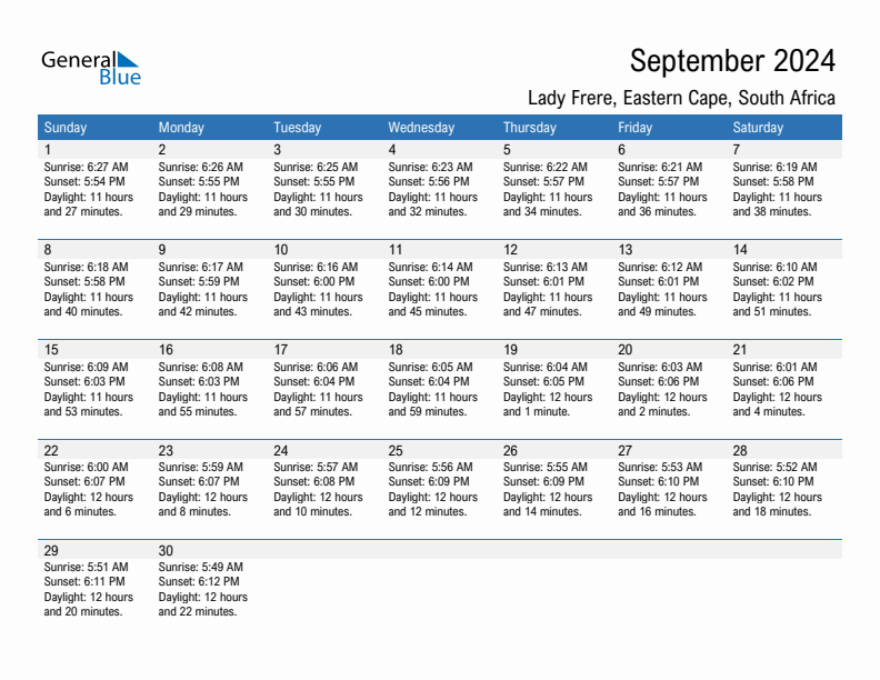 Lady Frere September 2024 sunrise and sunset calendar in PDF, Excel, and Word