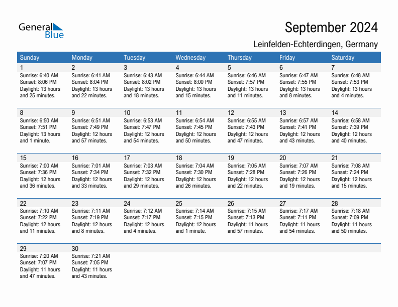 Leinfelden-Echterdingen September 2024 sunrise and sunset calendar in PDF, Excel, and Word