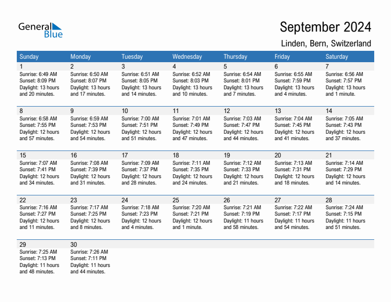 Linden September 2024 sunrise and sunset calendar in PDF, Excel, and Word