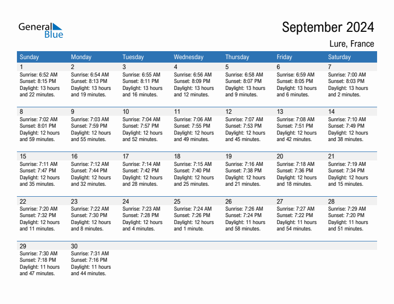 Lure September 2024 sunrise and sunset calendar in PDF, Excel, and Word