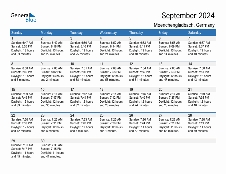 Moenchengladbach September 2024 sunrise and sunset calendar in PDF, Excel, and Word