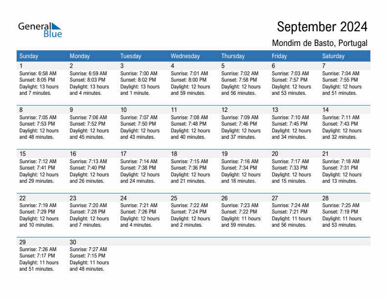 Mondim de Basto September 2024 sunrise and sunset calendar in PDF, Excel, and Word