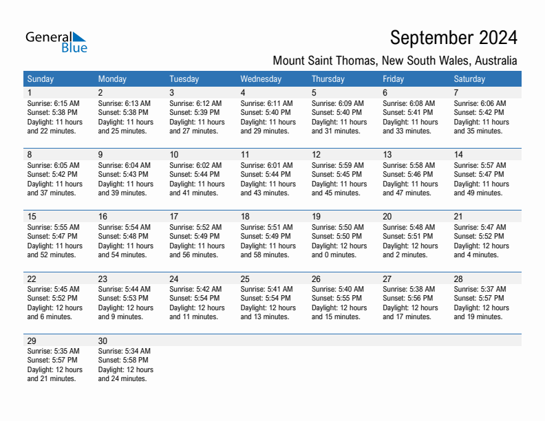 Mount Saint Thomas September 2024 sunrise and sunset calendar in PDF, Excel, and Word