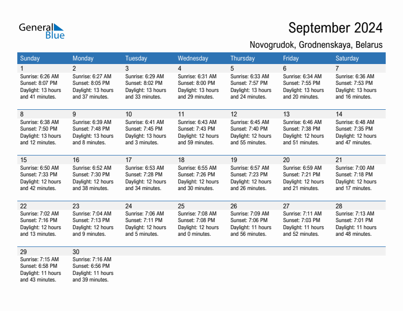 Novogrudok September 2024 sunrise and sunset calendar in PDF, Excel, and Word