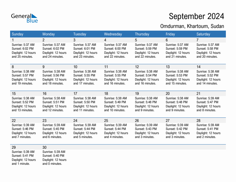 Omdurman September 2024 sunrise and sunset calendar in PDF, Excel, and Word