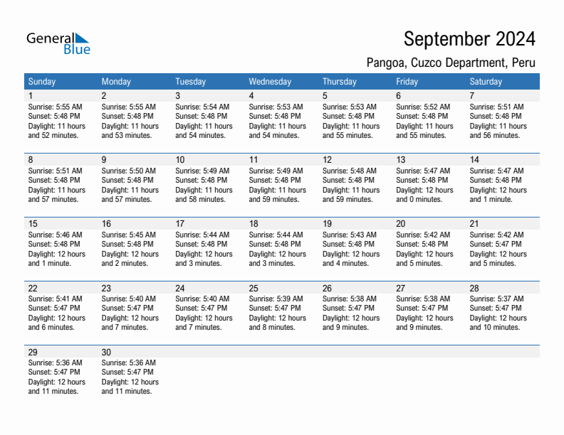 Pangoa September 2024 sunrise and sunset calendar in PDF, Excel, and Word