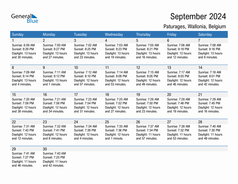 Paturages September 2024 sunrise and sunset calendar in PDF, Excel, and Word