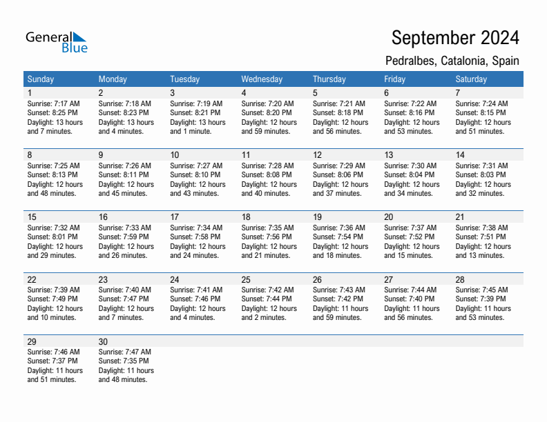 Pedralbes September 2024 sunrise and sunset calendar in PDF, Excel, and Word