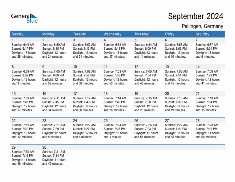 Pellingen September 2024 sunrise and sunset calendar in PDF, Excel, and Word