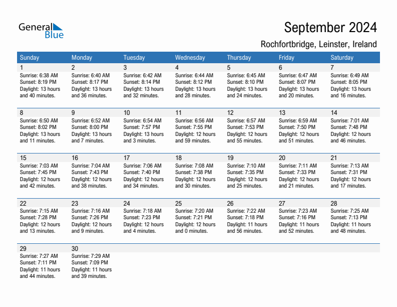 Rochfortbridge September 2024 sunrise and sunset calendar in PDF, Excel, and Word