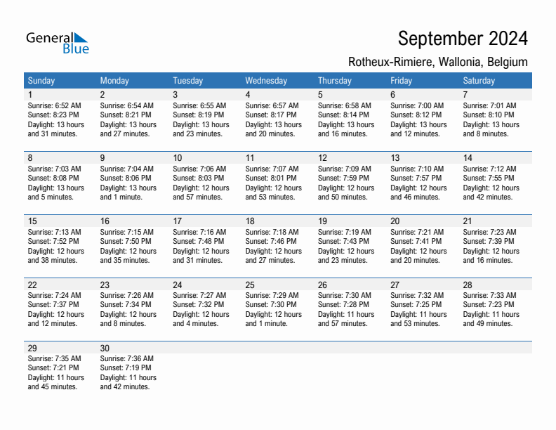 Rotheux-Rimiere September 2024 sunrise and sunset calendar in PDF, Excel, and Word