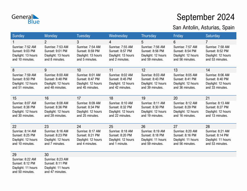 San Antolin September 2024 sunrise and sunset calendar in PDF, Excel, and Word