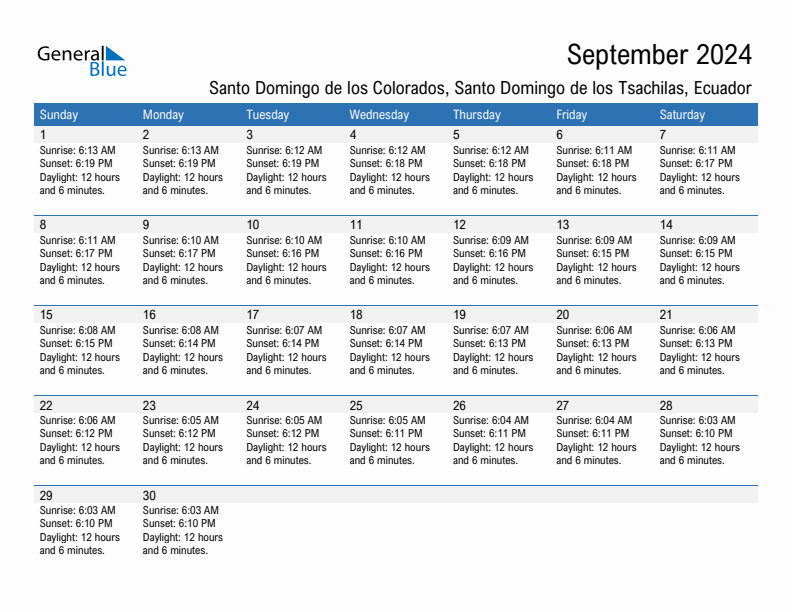 Santo Domingo de los Colorados September 2024 sunrise and sunset calendar in PDF, Excel, and Word