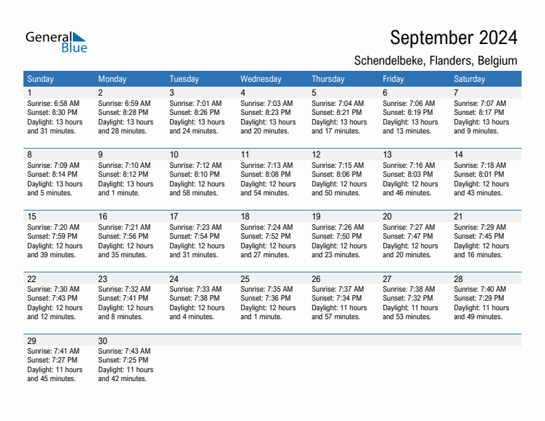 Schendelbeke September 2024 sunrise and sunset calendar in PDF, Excel, and Word