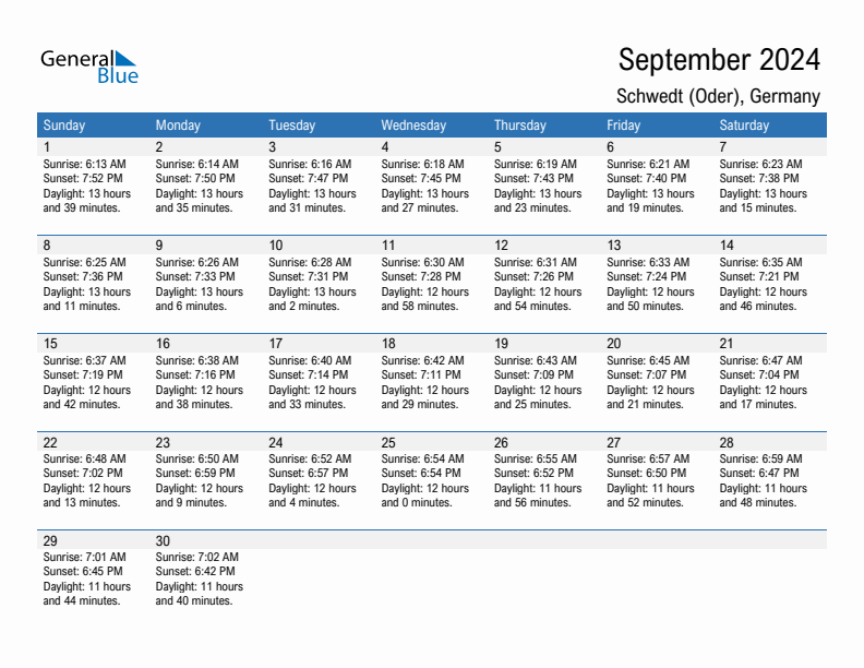 Schwedt (Oder) September 2024 sunrise and sunset calendar in PDF, Excel, and Word