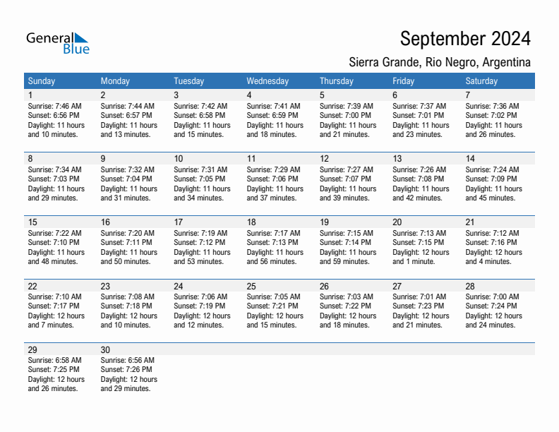 Sierra Grande September 2024 sunrise and sunset calendar in PDF, Excel, and Word