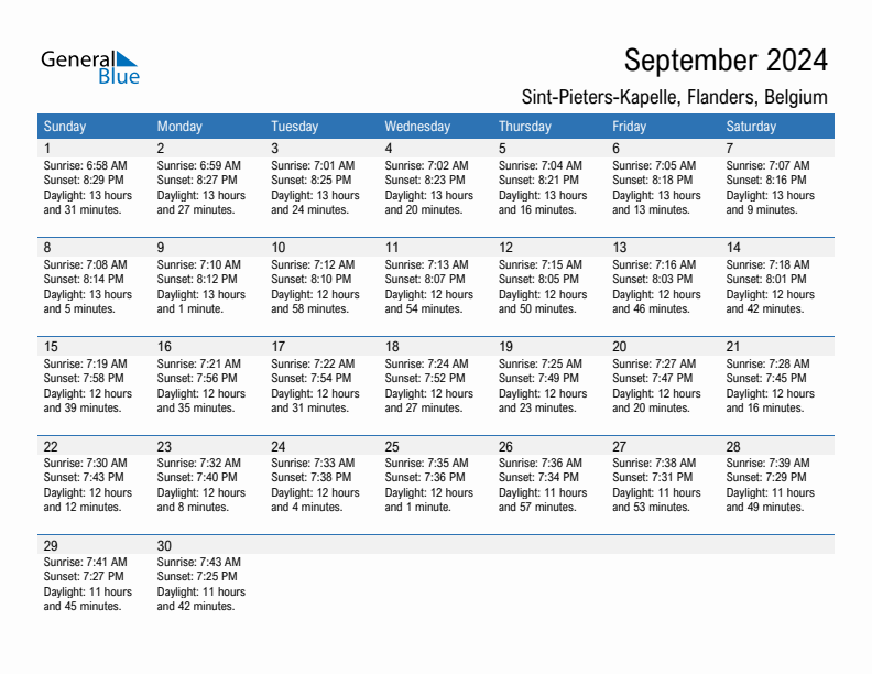 Sint-Pieters-Kapelle September 2024 sunrise and sunset calendar in PDF, Excel, and Word