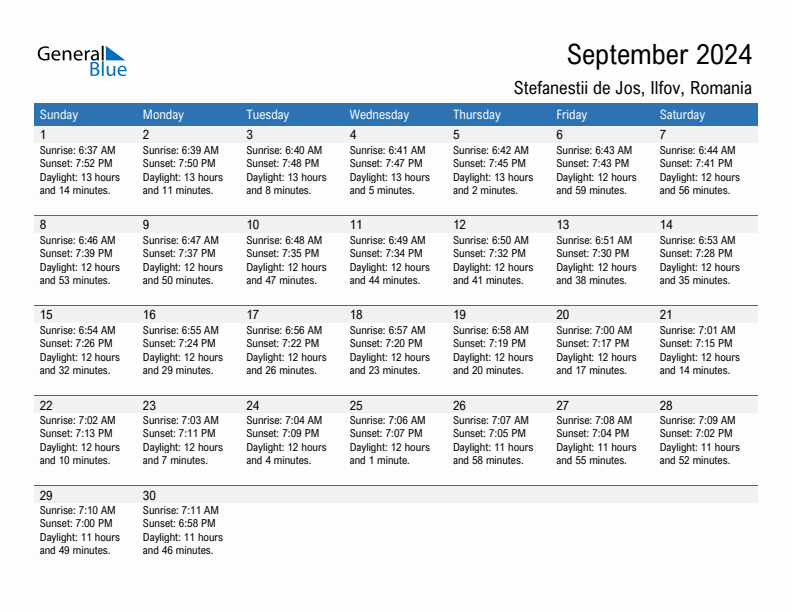 Stefanestii de Jos September 2024 sunrise and sunset calendar in PDF, Excel, and Word