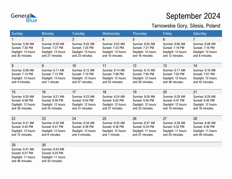 Tarnowskie Gory September 2024 sunrise and sunset calendar in PDF, Excel, and Word