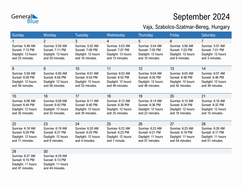 Vaja September 2024 sunrise and sunset calendar in PDF, Excel, and Word