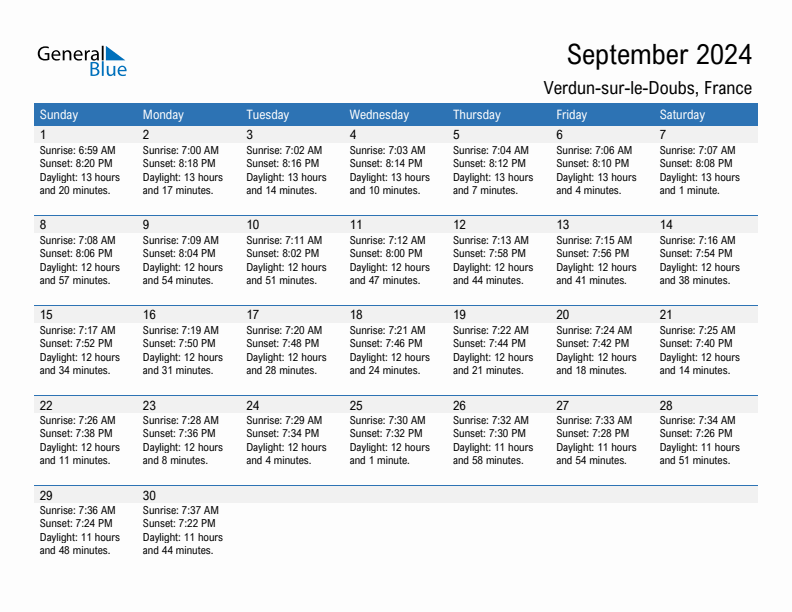 Verdun-sur-le-Doubs September 2024 sunrise and sunset calendar in PDF, Excel, and Word