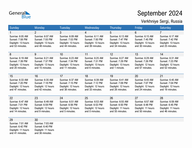 Verkhniye Sergi September 2024 sunrise and sunset calendar in PDF, Excel, and Word