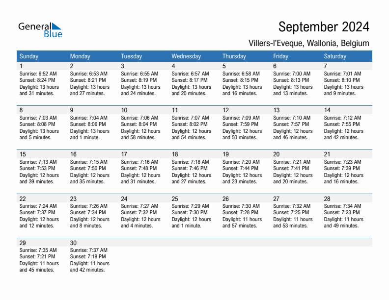 Villers-l'Eveque September 2024 sunrise and sunset calendar in PDF, Excel, and Word