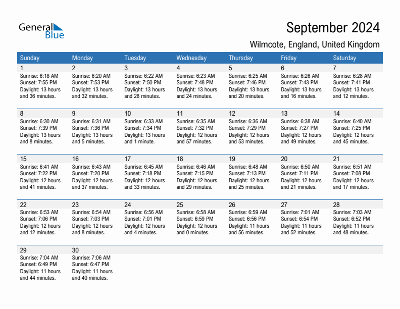 Wilmcote September 2024 sunrise and sunset calendar in PDF, Excel, and Word