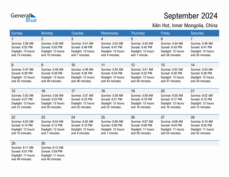 Xilin Hot September 2024 sunrise and sunset calendar in PDF, Excel, and Word