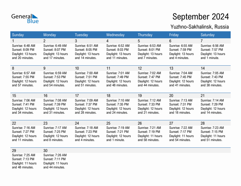 Yuzhno-Sakhalinsk September 2024 sunrise and sunset calendar in PDF, Excel, and Word