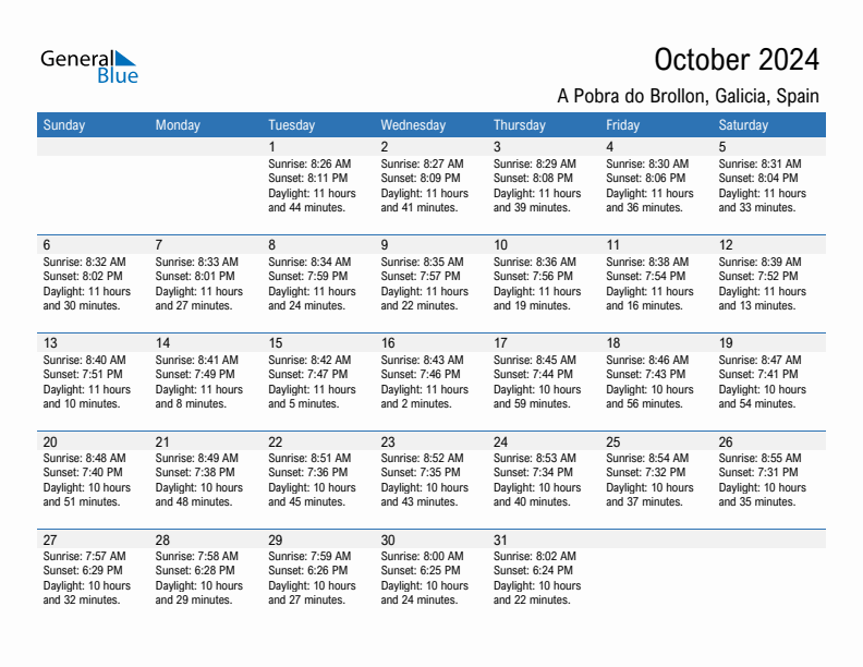 A Pobra do Brollon October 2024 sunrise and sunset calendar in PDF, Excel, and Word