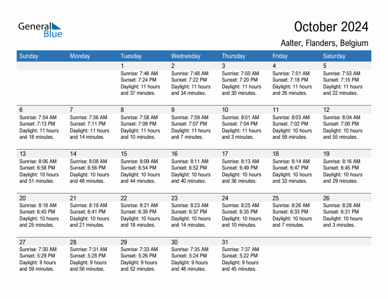 Aalter October 2024 sunrise and sunset calendar in PDF, Excel, and Word