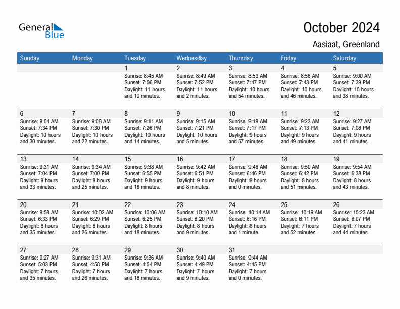 Aasiaat October 2024 sunrise and sunset calendar in PDF, Excel, and Word