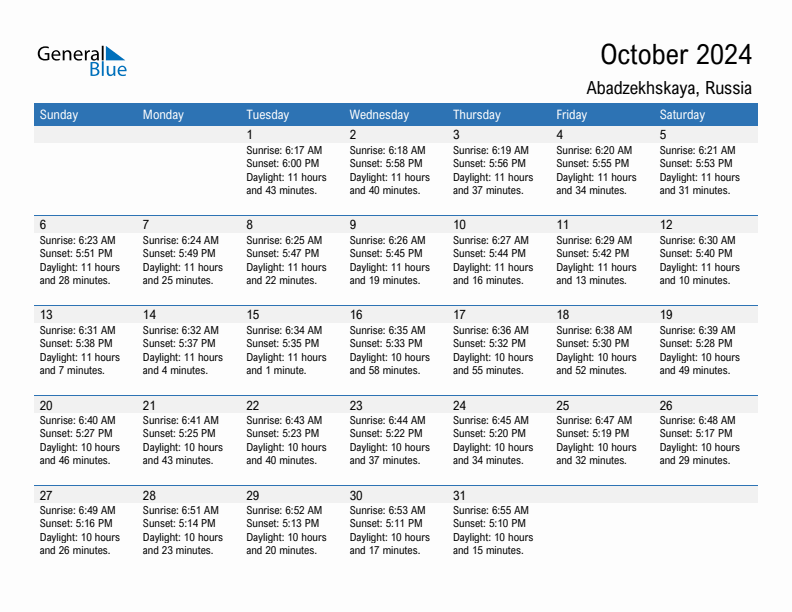 Abadzekhskaya October 2024 sunrise and sunset calendar in PDF, Excel, and Word