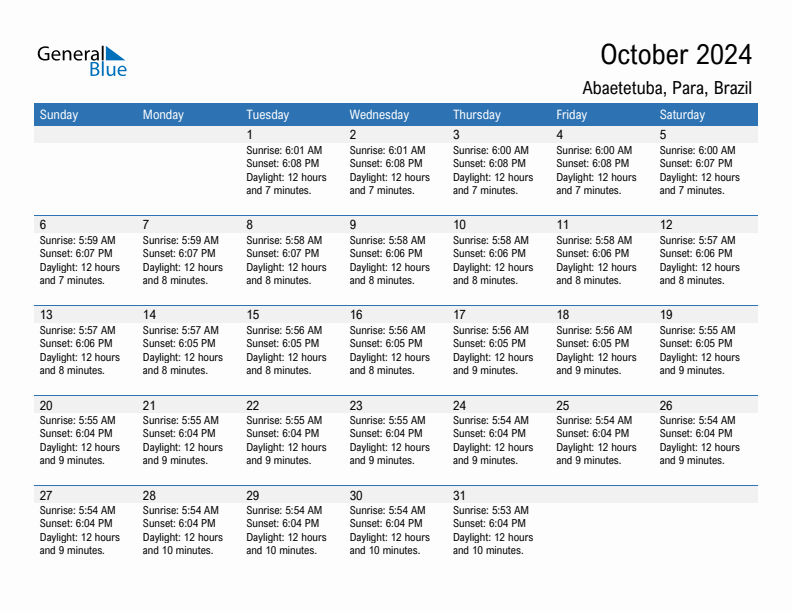 Abaetetuba October 2024 sunrise and sunset calendar in PDF, Excel, and Word