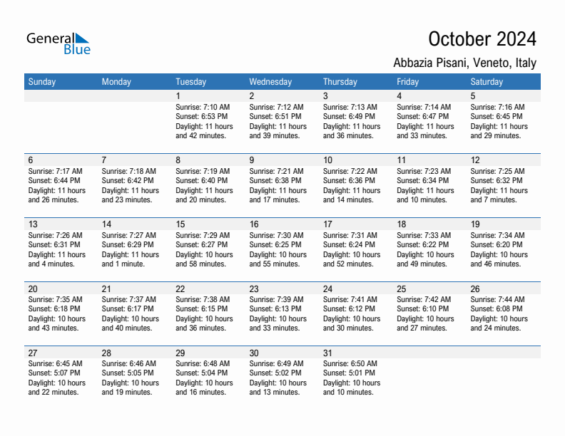 Abbazia Pisani October 2024 sunrise and sunset calendar in PDF, Excel, and Word