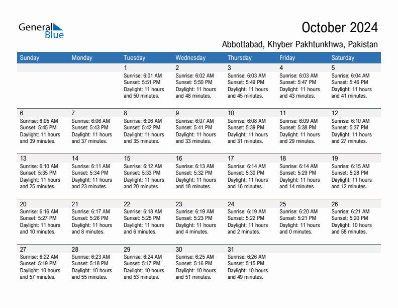 Abbottabad October 2024 sunrise and sunset calendar in PDF, Excel, and Word