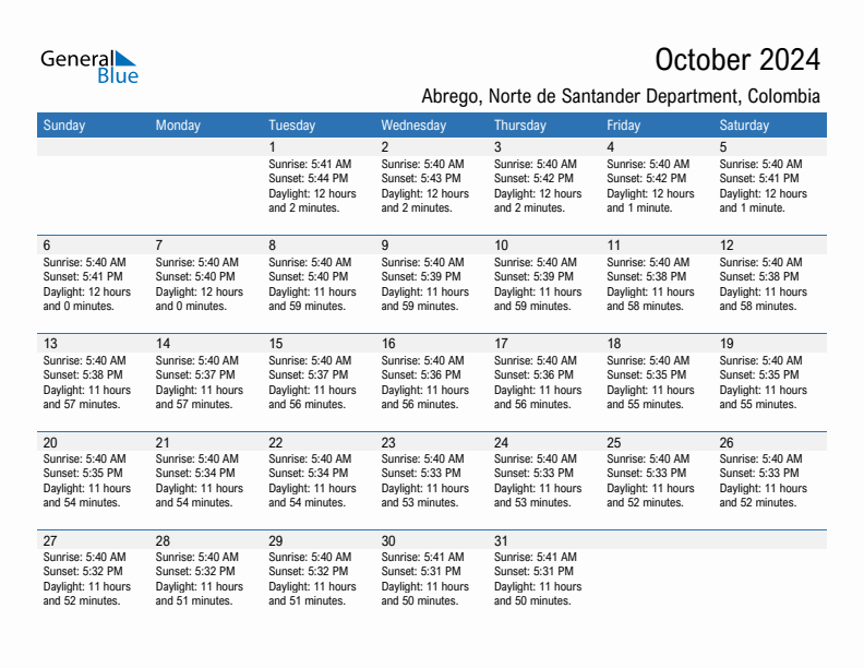 Abrego October 2024 sunrise and sunset calendar in PDF, Excel, and Word