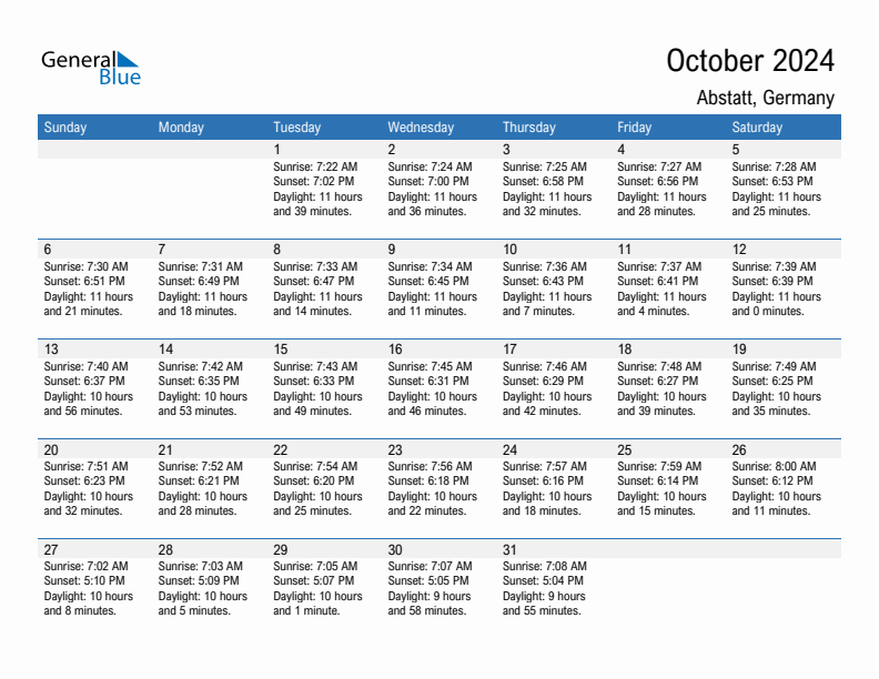 Abstatt October 2024 sunrise and sunset calendar in PDF, Excel, and Word