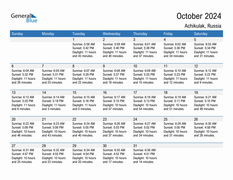 Achikulak October 2024 sunrise and sunset calendar in PDF, Excel, and Word