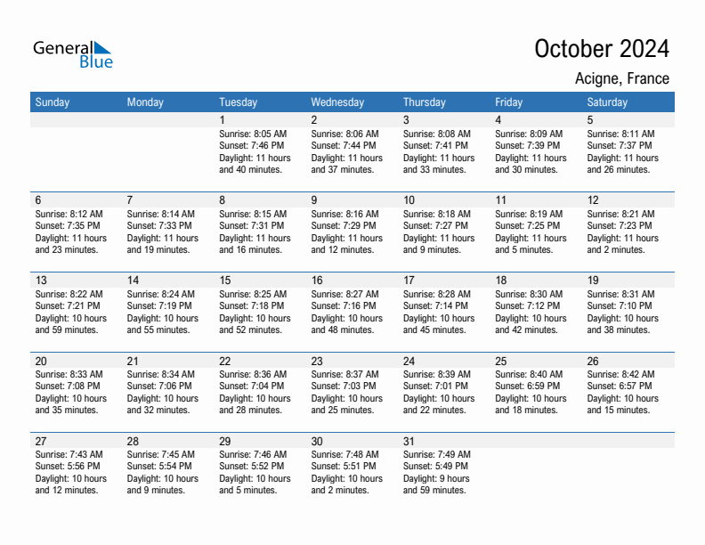 Acigne October 2024 sunrise and sunset calendar in PDF, Excel, and Word