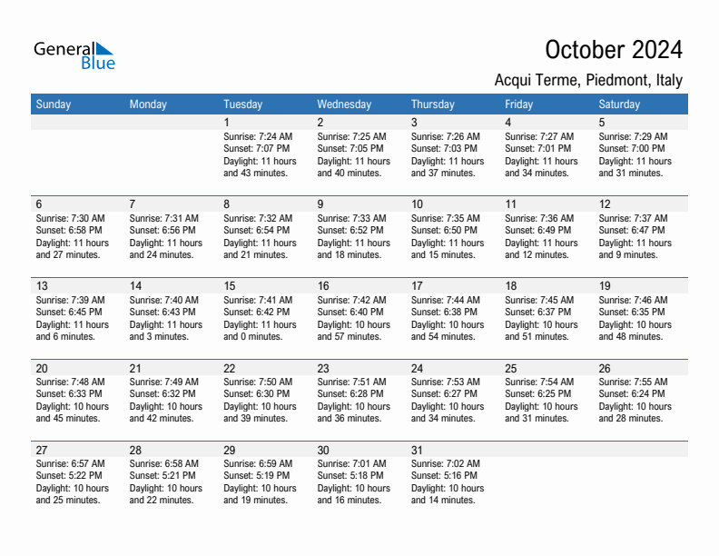 Acqui Terme October 2024 sunrise and sunset calendar in PDF, Excel, and Word