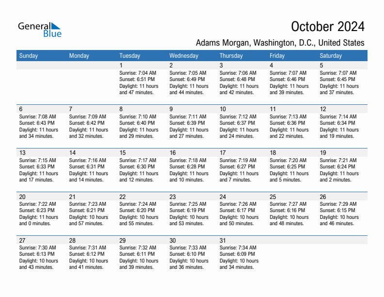 Adams Morgan October 2024 sunrise and sunset calendar in PDF, Excel, and Word