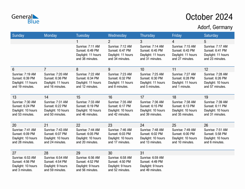 Adorf October 2024 sunrise and sunset calendar in PDF, Excel, and Word