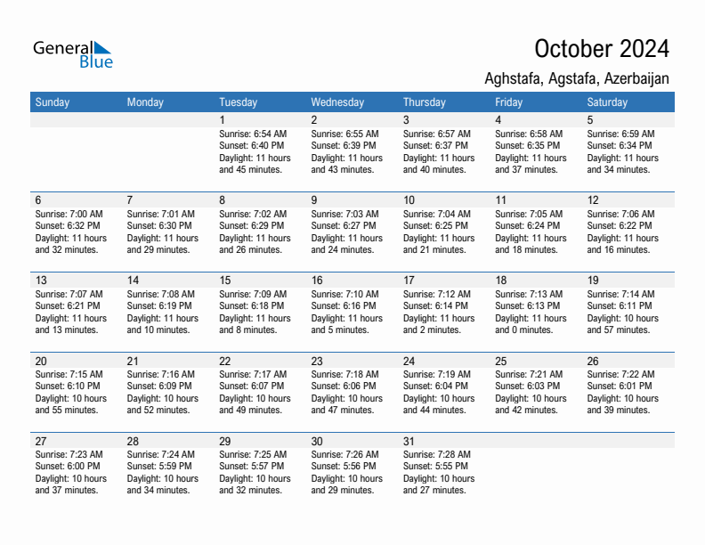 Aghstafa October 2024 sunrise and sunset calendar in PDF, Excel, and Word