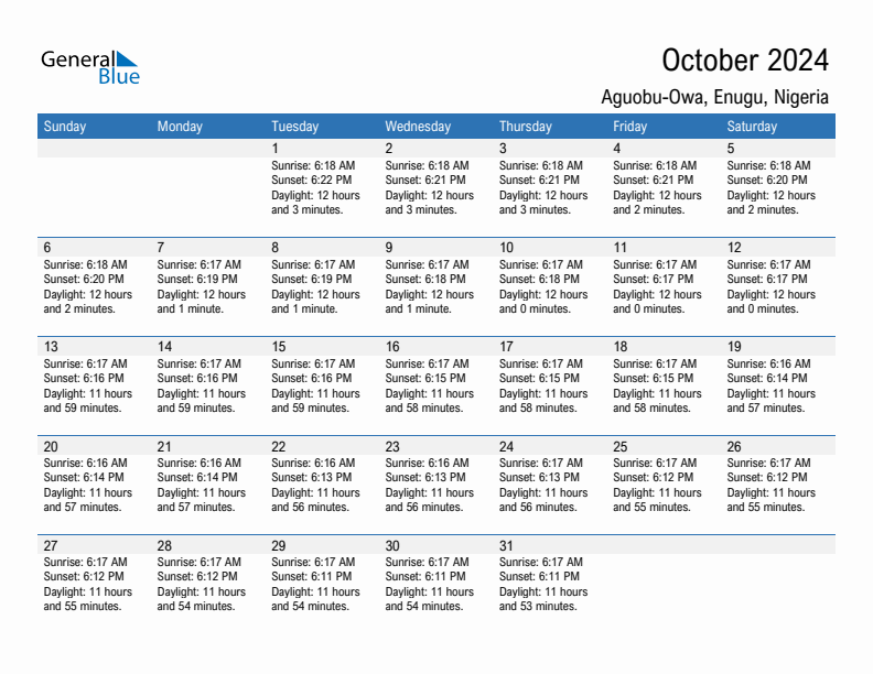 Aguobu-Owa October 2024 sunrise and sunset calendar in PDF, Excel, and Word